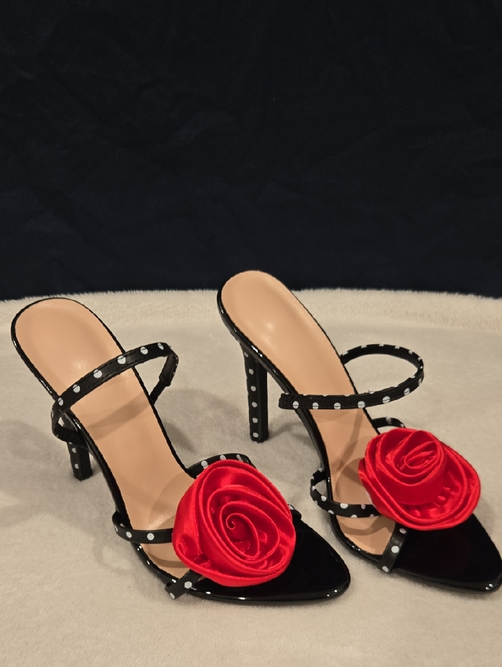 Black Polka Dot Stiletto Heels with Red Rose Accent  (NEVER WORN)